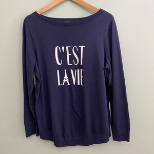 Talbots Sweater Lightweight Cotton Blend Paris C'est La Vie Womens 0X Navy Blue